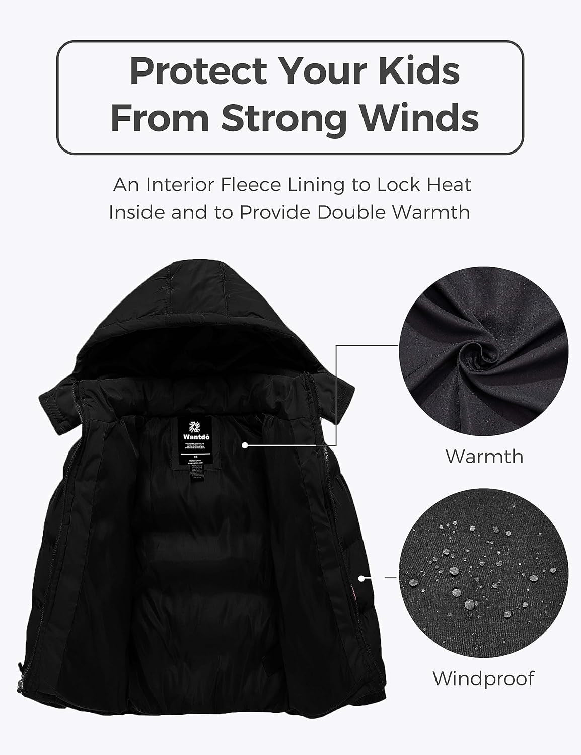 Boys' Warm Winter Coat Waterproof Puffer Jacket with Detachable Hood