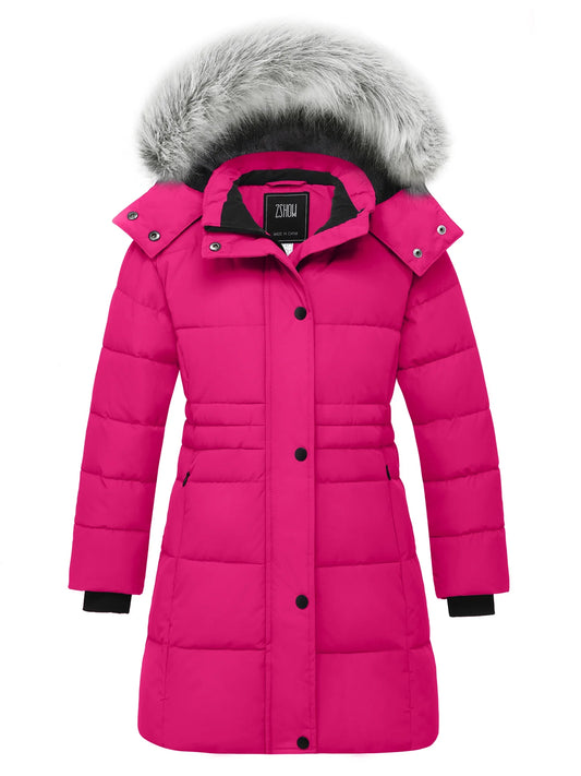 Girls' Winter Coat Windproof Puffer Jacket Quilted Puffy Coat Rose Red 14/16