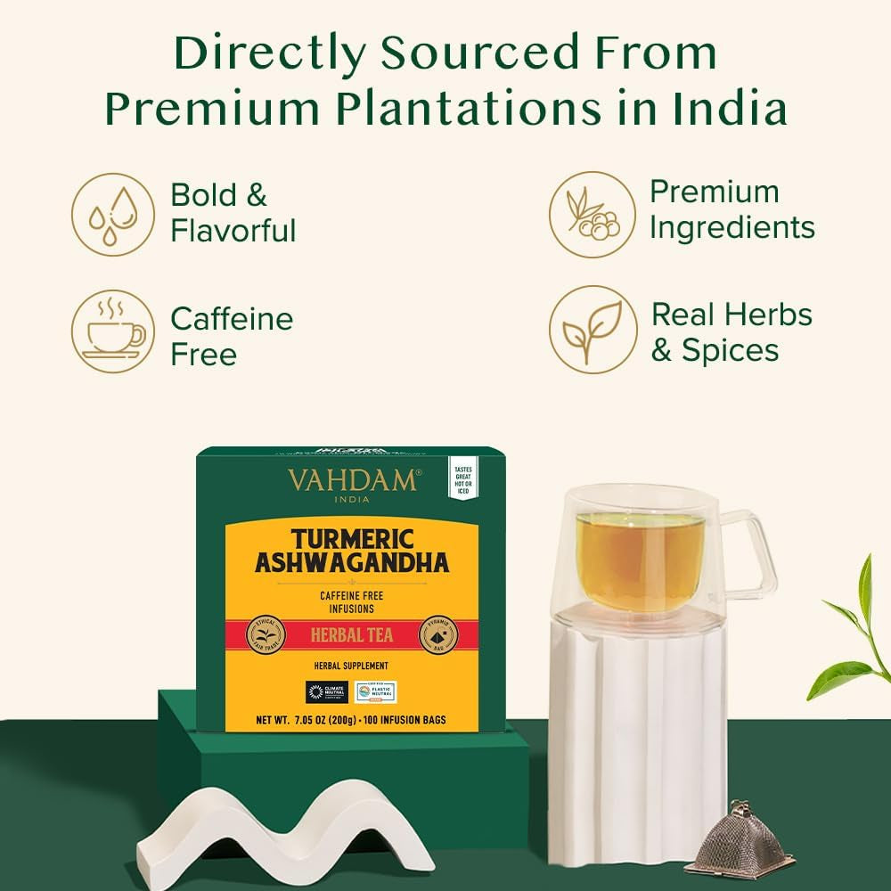 Turmeric Ashwagandha Herbal Tea Bags (100 Count) Caffeine Free, Non GMO, Gluten Free | 100% Pure Herbal Blend - Sweet & Earthy | Whole Leaf Tea Bags | Resealable Ziplock Pouch