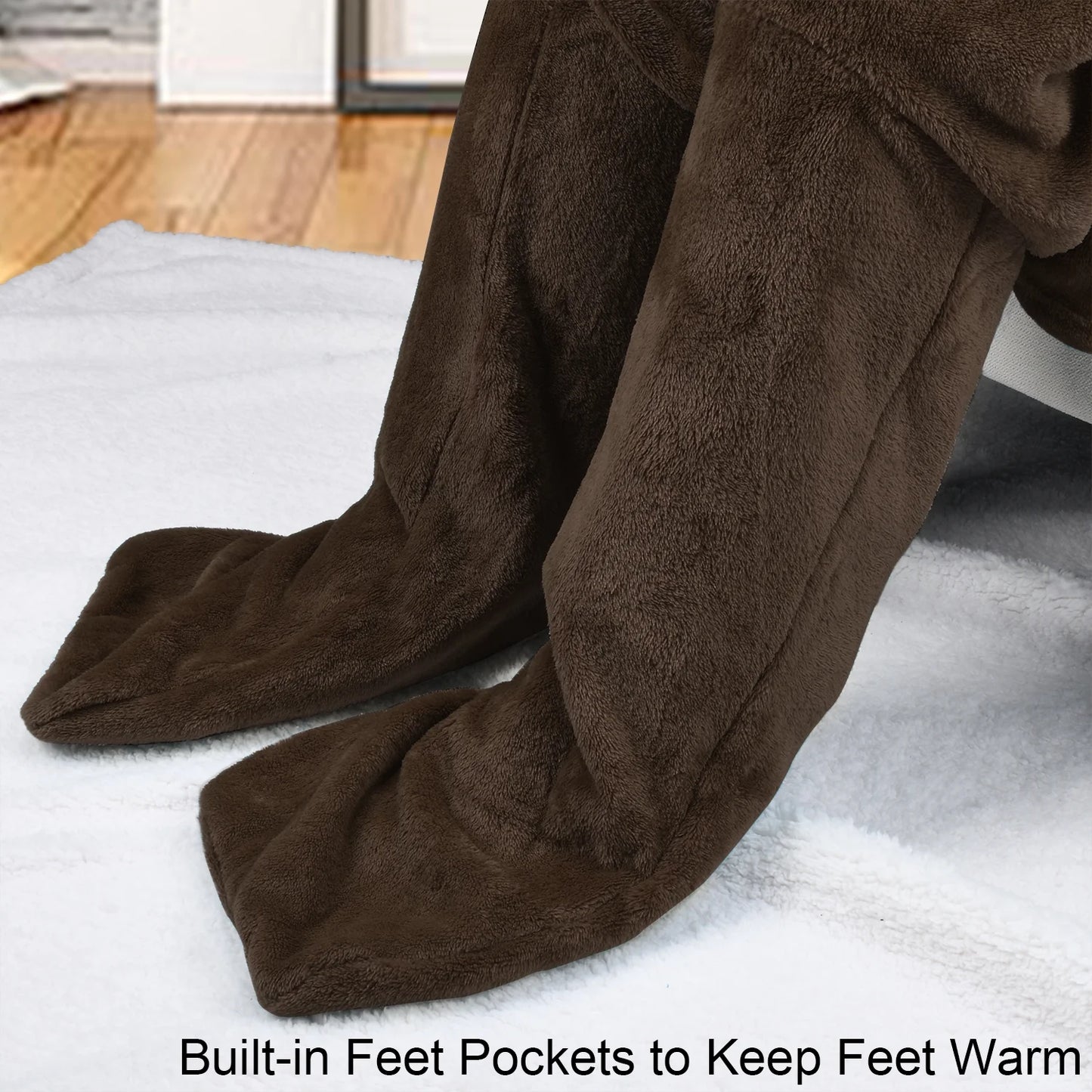 Fleece Wearable TV Blanket for Adults with Foot Pockets & Sleeves Brown Polyester Throw Blanket Robe 75”X53”