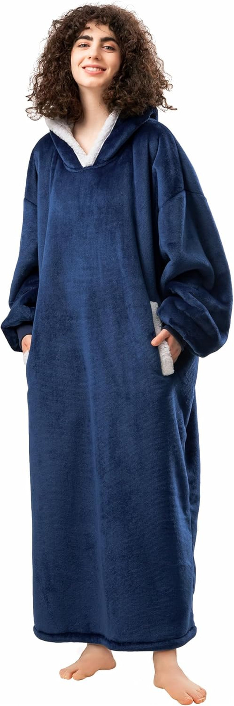 Long Oversized Wearable Blanket Hoodie for Adults, Thick Sherpa Fleece Sweatshirt with Elastic Sleeves & Giant Pockets, Cozy Plush Fleece Jacket, Blue