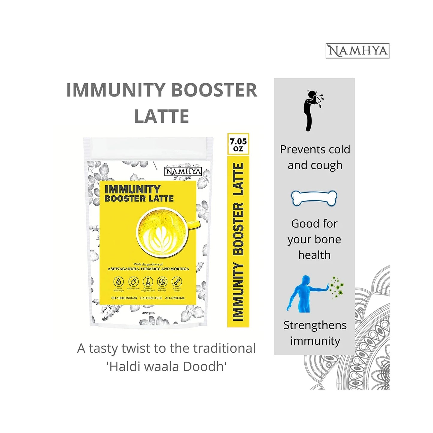 Immunity Booster Latte, 100% Natural with Goodness of Turmeric, Ashwagandha, Coconut Flakes, Tulsi (Basil) & Moringa, 3.53 Oz (100 Grams)