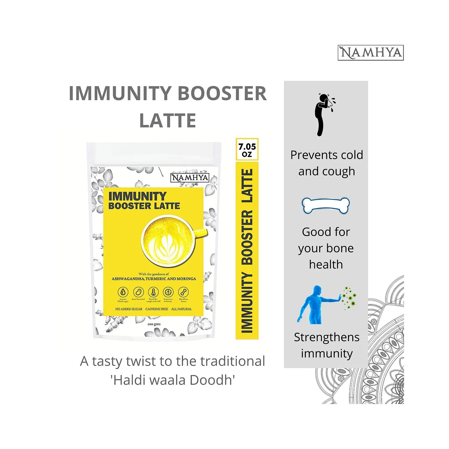 Immunity Booster Latte, 100% Natural with Goodness of Turmeric, Ashwagandha, Coconut Flakes, Tulsi (Basil) & Moringa, 3.53 Oz (100 Grams)