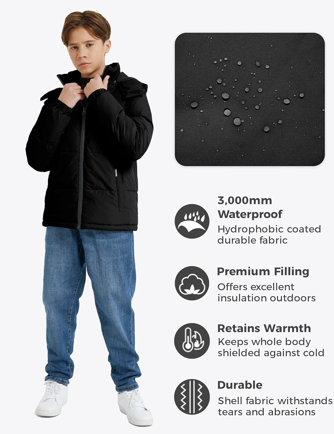 Boys' Warm Winter Coat Waterproof Puffer Jacket with Detachable Hood