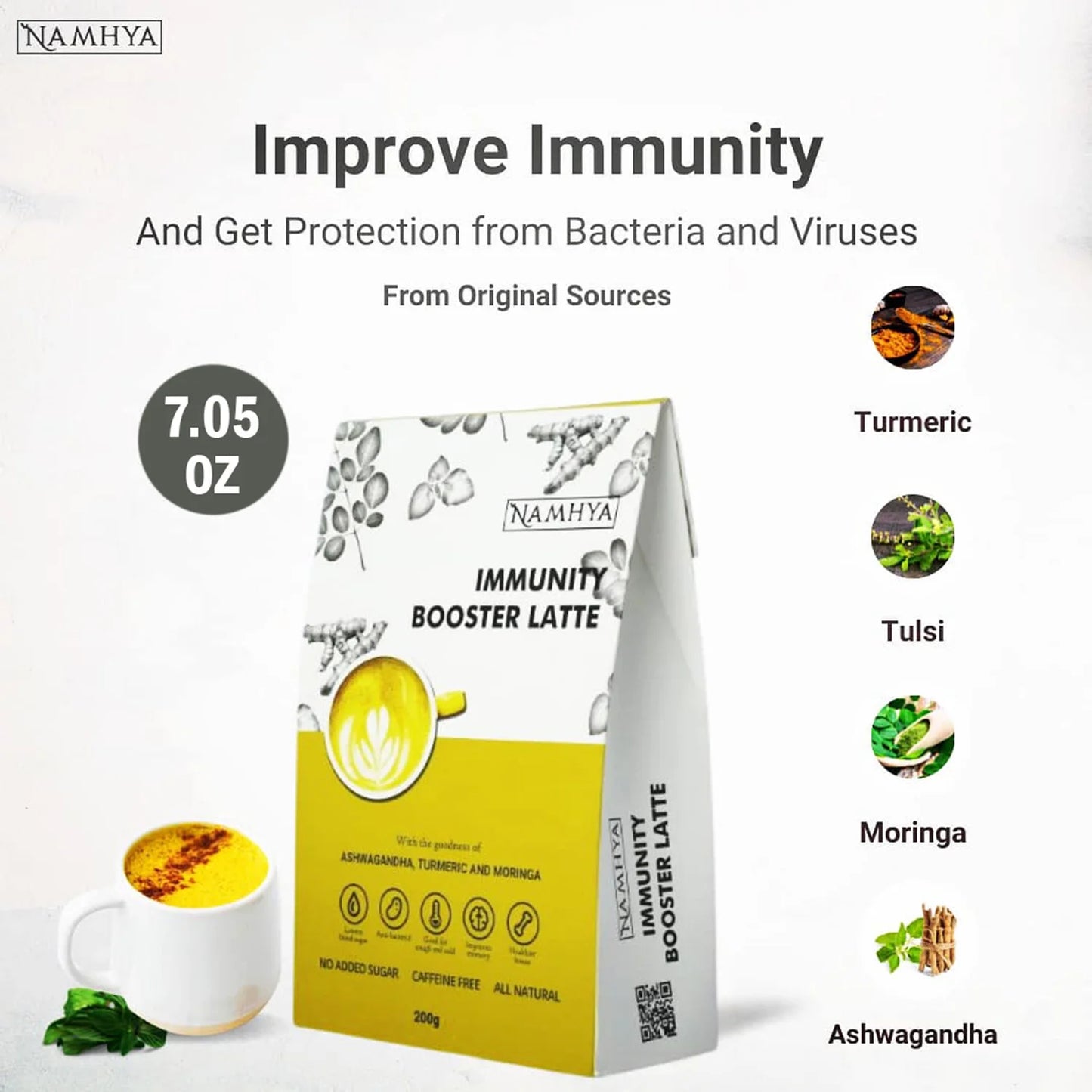 Immunity Booster Latte, 100% Natural with Goodness of Turmeric, Ashwagandha, Coconut Flakes, Tulsi (Basil) & Moringa, 3.53 Oz (100 Grams)