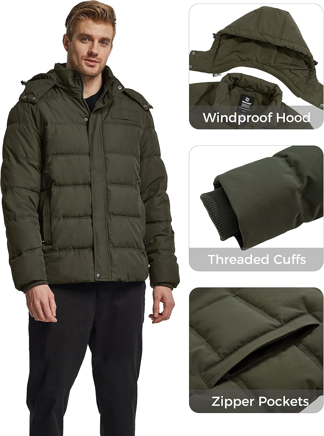 Men'S Hooded Winter Coat Warm Puffer Jacket Thicken Cotton Coat with Removable Hood