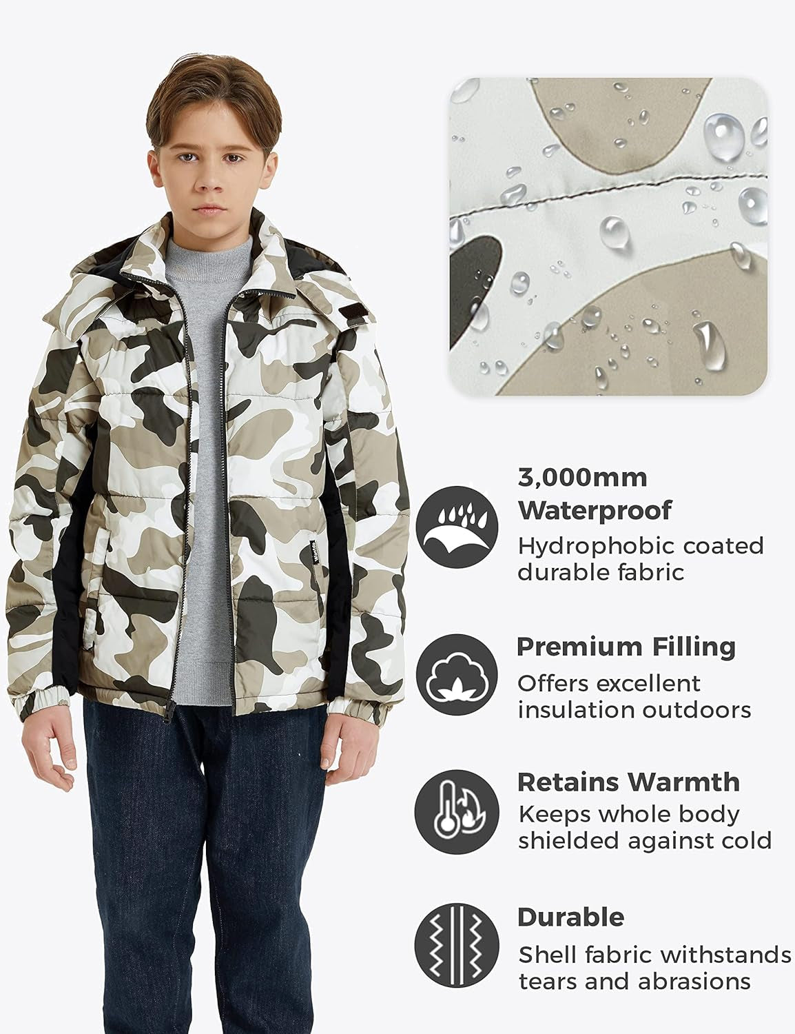 Boys' Warm Winter Coat Waterproof Puffer Jacket with Detachable Hood