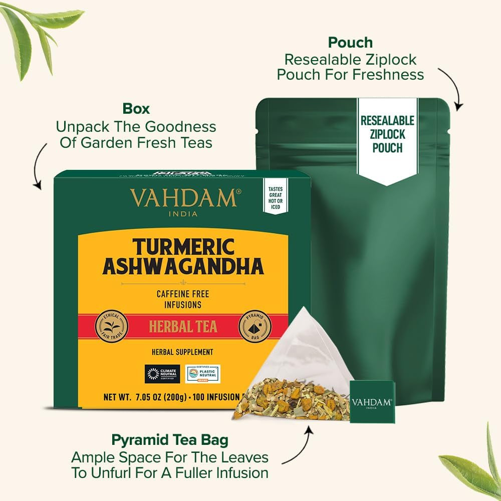 Turmeric Ashwagandha Herbal Tea Bags (100 Count) Caffeine Free, Non GMO, Gluten Free | 100% Pure Herbal Blend - Sweet & Earthy | Whole Leaf Tea Bags | Resealable Ziplock Pouch