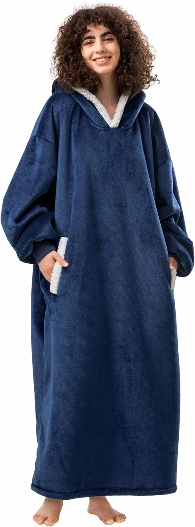 Long Oversized Wearable Blanket Hoodie for Adults, Thick Sherpa Fleece Sweatshirt with Elastic Sleeves & Giant Pockets, Cozy Plush Fleece Jacket, Blue