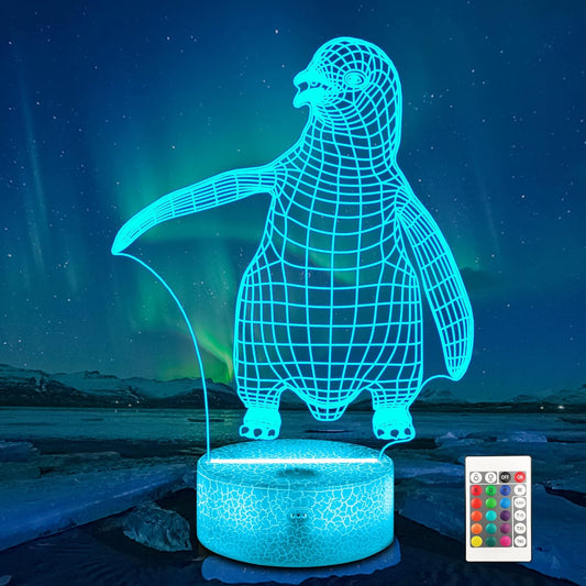 Penguin Night Light, 3D Lamp 3D Illusion Light Animals Lamp for Kids 16 Colors Changing with Remote and Timer, Kids Bedroom Decor as Xmas Holiday Birthday Gifts for Boys Girls