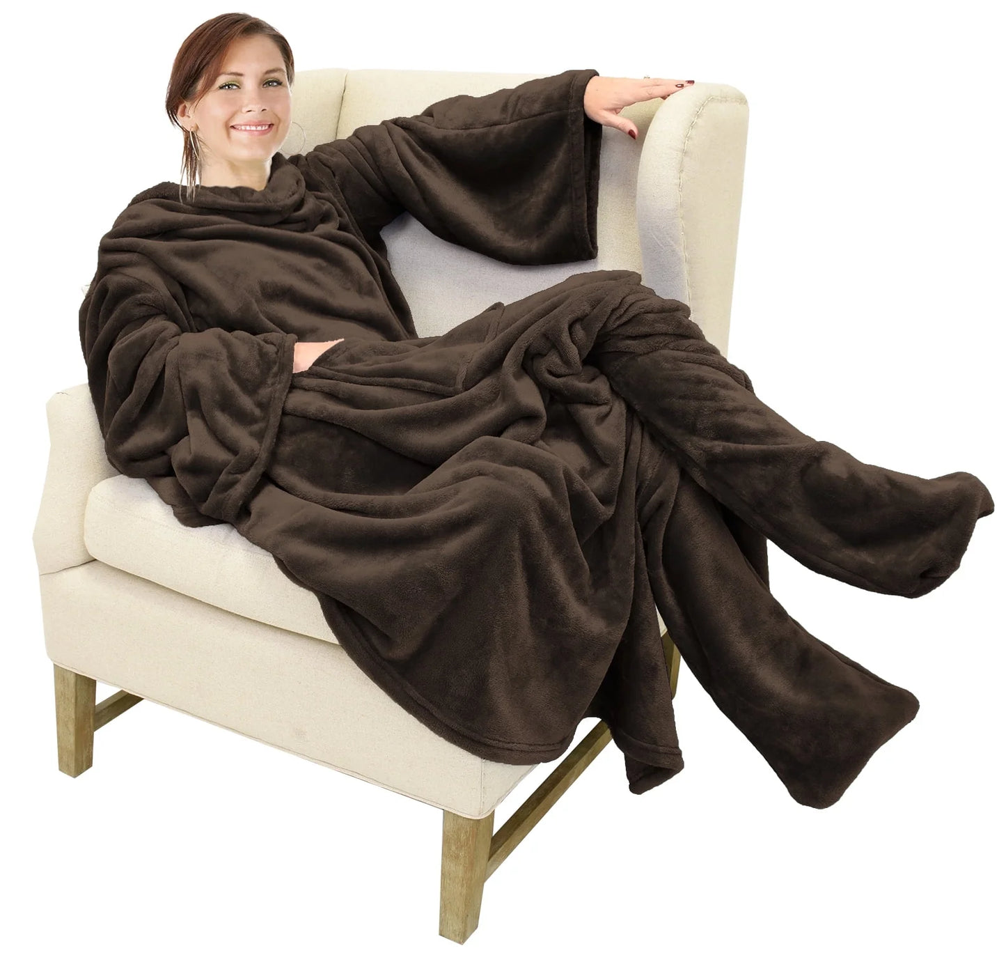 Fleece Wearable TV Blanket for Adults with Foot Pockets & Sleeves Brown Polyester Throw Blanket Robe 75”X53”