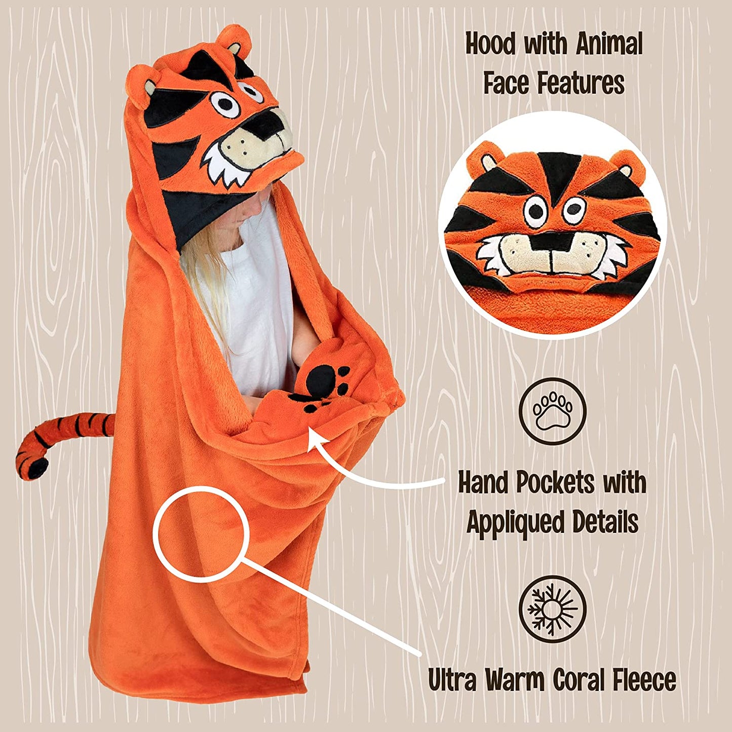 Wearable Hooded Blanket for Kids, Animal Hooded Blanket (Tiger Blanket)