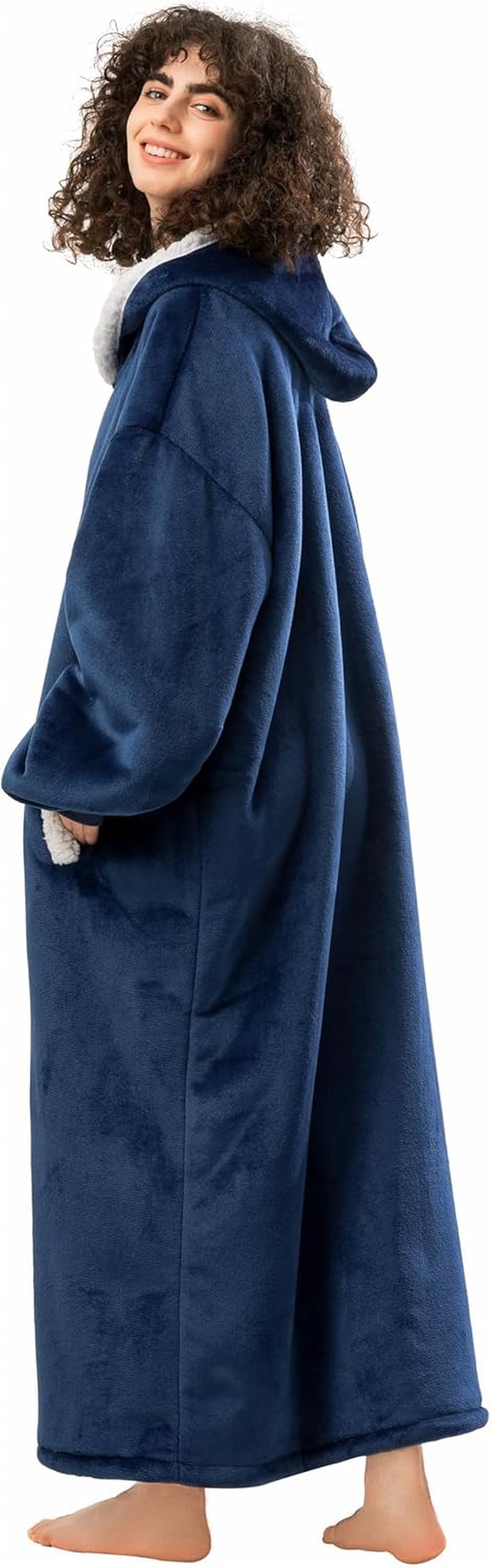 Long Oversized Wearable Blanket Hoodie for Adults, Thick Sherpa Fleece Sweatshirt with Elastic Sleeves & Giant Pockets, Cozy Plush Fleece Jacket, Blue