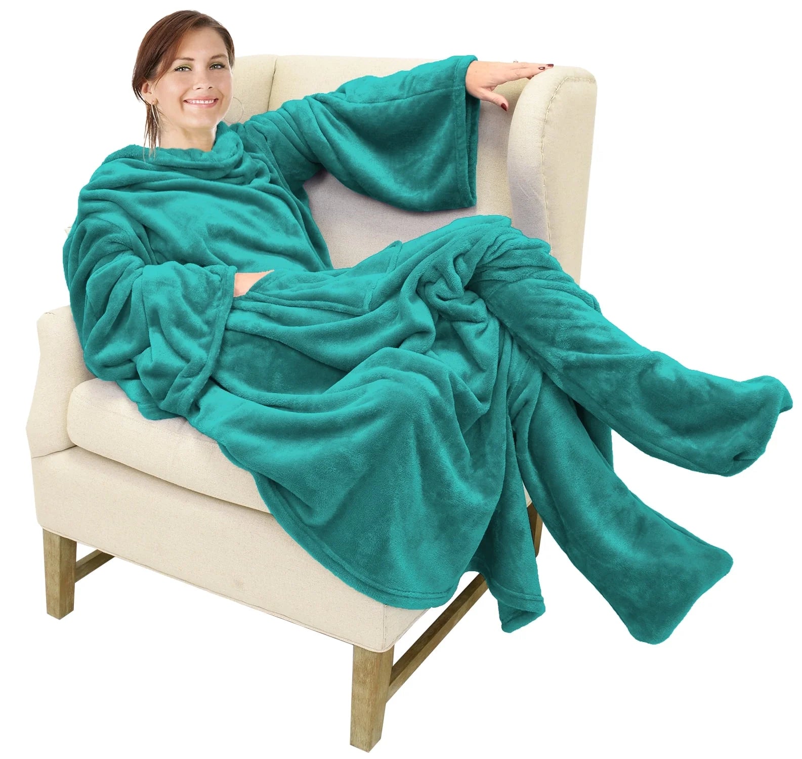 Wearable TV Blanket with Sleeves Arms & Feet Pockets for Adult Micro Plush Fleece Large Wrap Throw Robe 75 X 53