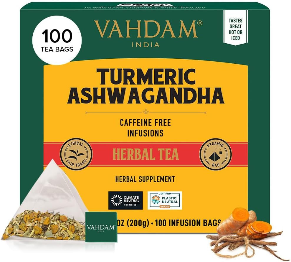 Turmeric Ashwagandha Herbal Tea Bags (100 Count) Caffeine Free, Non GMO, Gluten Free | 100% Pure Herbal Blend - Sweet & Earthy | Whole Leaf Tea Bags | Resealable Ziplock Pouch