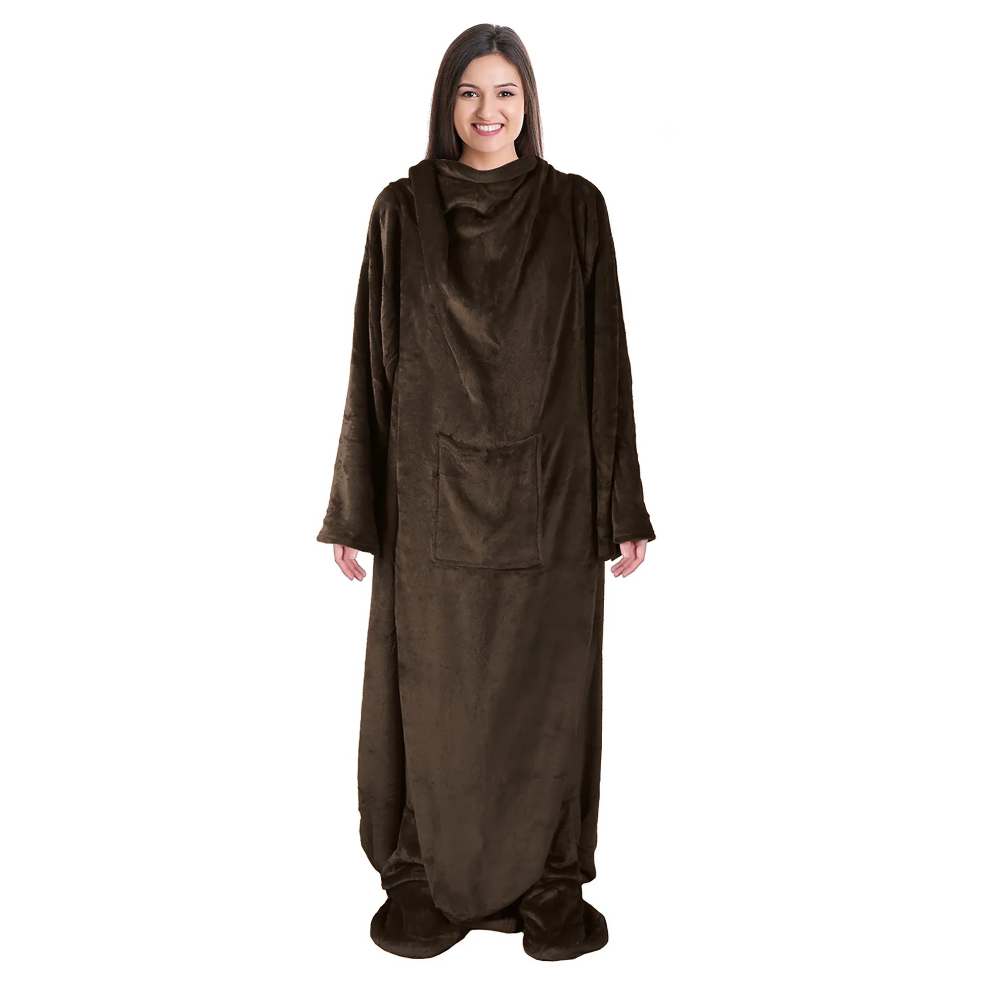 Fleece Wearable TV Blanket for Adults with Foot Pockets & Sleeves Brown Polyester Throw Blanket Robe 75”X53”