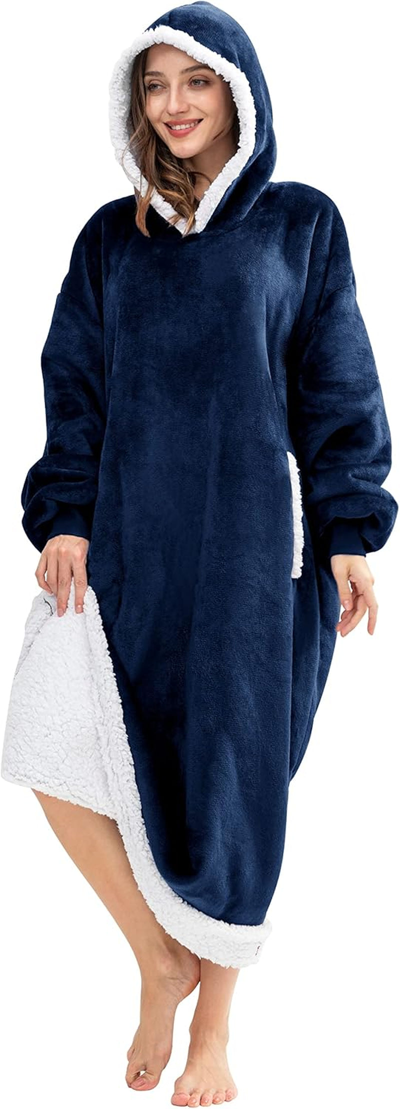 Long Oversized Wearable Blanket Hoodie for Adults, Thick Sherpa Fleece Sweatshirt with Elastic Sleeves & Giant Pockets, Cozy Plush Fleece Jacket, Blue