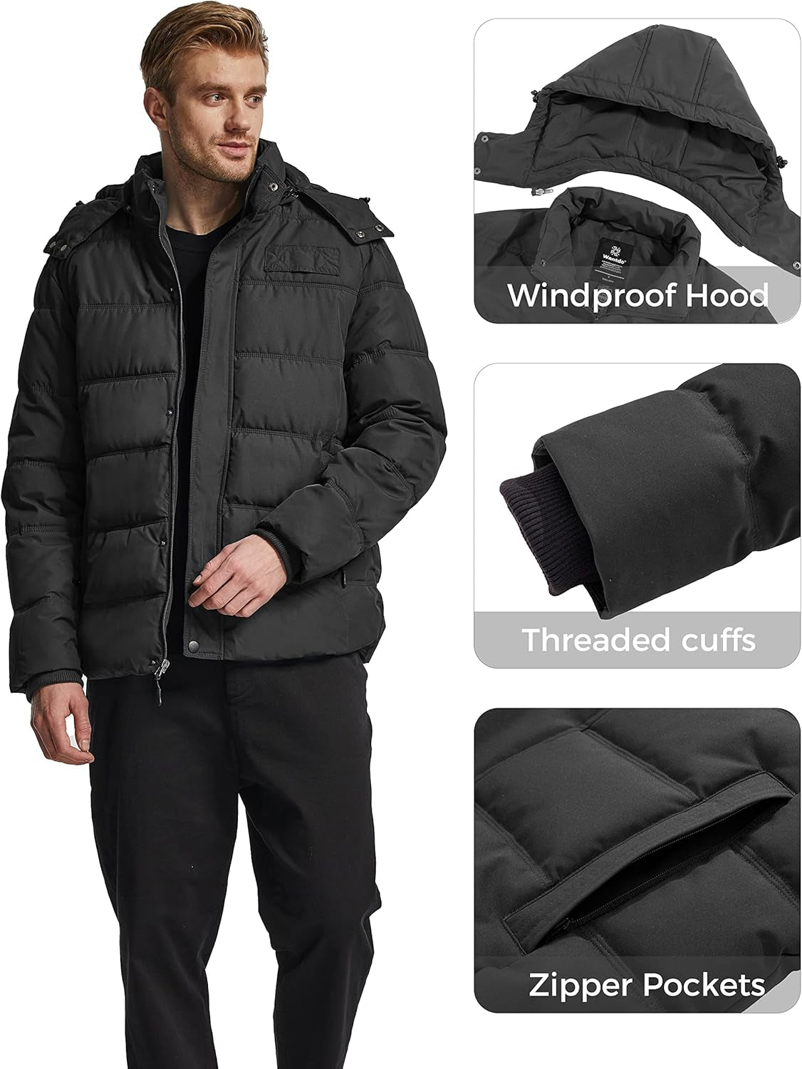 Men'S Hooded Winter Coat Warm Puffer Jacket Thicken Cotton Coat with Removable Hood