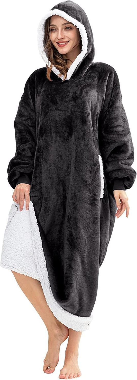 Long Oversized Wearable Blanket Hoodie for Adults, Thick Sherpa Fleece Sweatshirt with Elastic Sleeves & Giant Pockets, Cozy Plush Fleece Jacket, Dark Grey