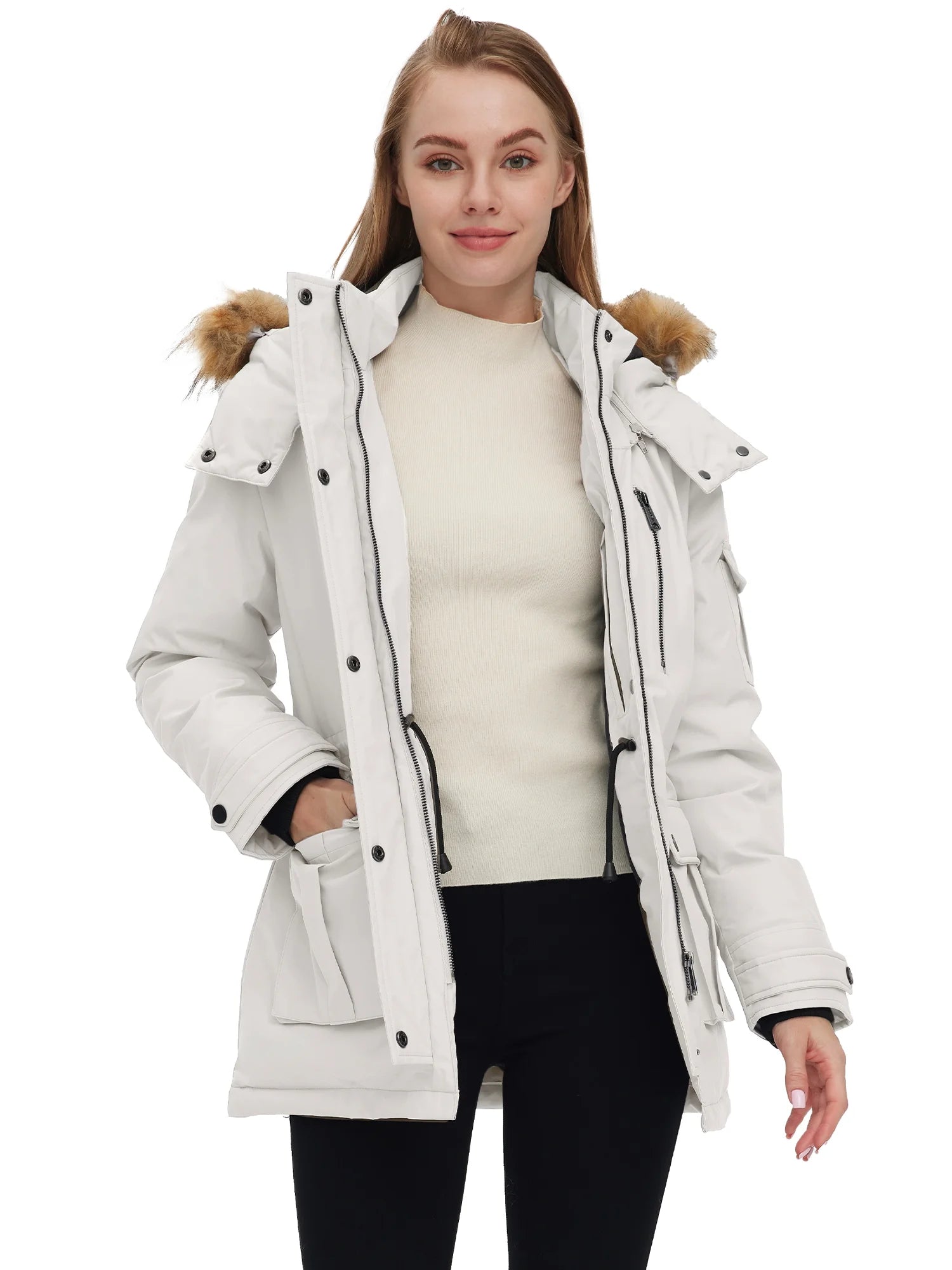 Women'S Winter Coat Thicken Winter Jacket Quilted Parka Coat Puffer Jacket Beige L